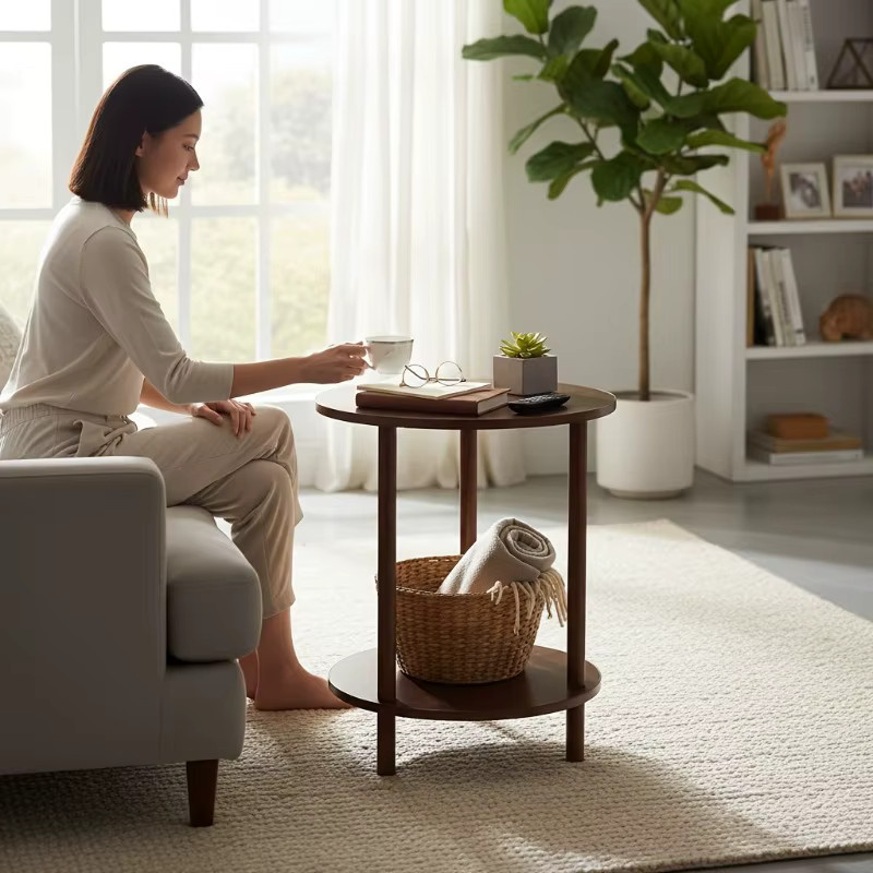 LIUSHADUOLA Moderner Runder Couchtisch aus Holz in Walnuss, 2-Stufiger Ineinander Stellbarer Beistelltisch für dein Wohnzimmer - Bild 4