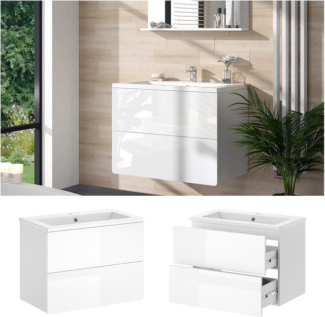 Vicco Badmöbel-Set Izan modern in Weiß Hochglanz mit Waschtischunterschrank und Keramik-Waschbecken B/T/H: 80,0 x 46,0 x 59,3 cm - Bild 1