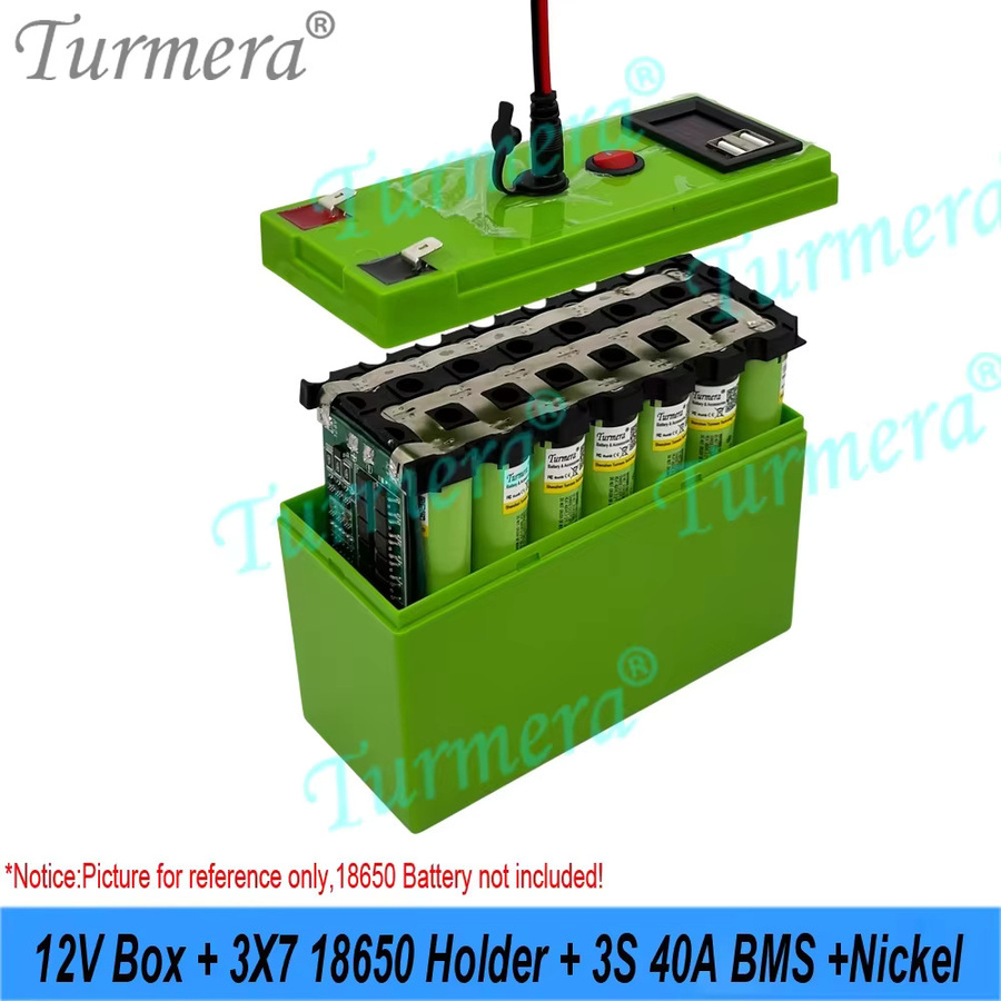 Turmera DIY Set 18650 Batteriehalter Box mit 3x7 Zellen, 12V 40A BMS, USB Power Bank und Spannungsanzeige in Grün - Bild 3