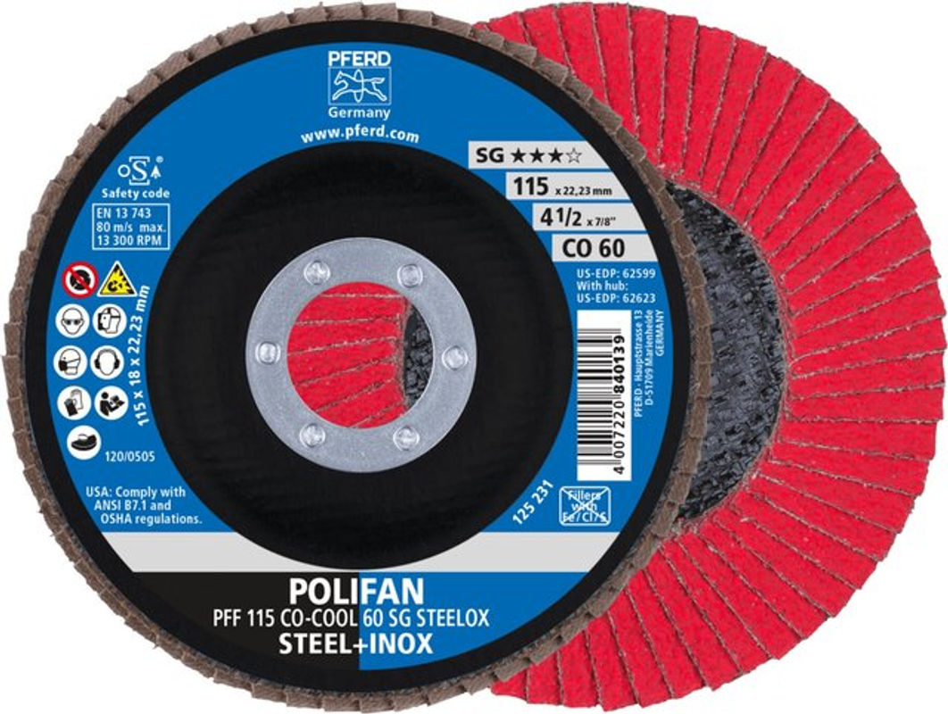 PFERD POLIFAN CO-COOL Fächerschleifscheibe SG STEELOX für Stahl und Edelstahl, Durchmesser: 115 mm, Bohrungs-Ø: 22,23 mm, Körnung: 60 - Bild 2