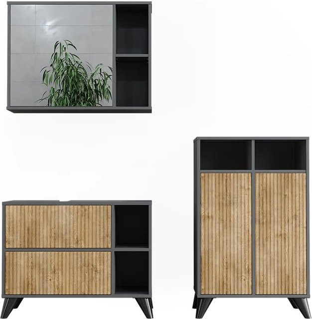 Vicco Badmöbel-Set Leano Anthrazit und Bergeiche mit Spiegelschrank, Waschtischunterschrank und Seitenschrank, Breite: 80 cm - Bild 1