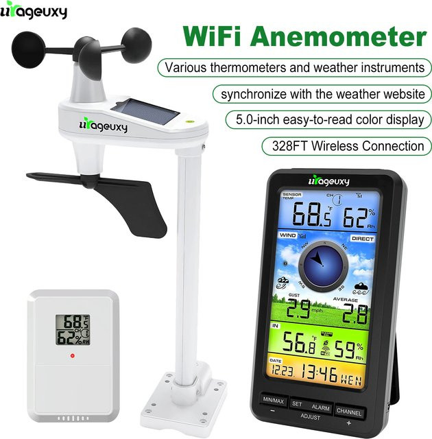 Urageuxy WiFi-Anemometer Wetterstation mit kabellosem Windgeschwindigkeits- und Richtungssensor, Innen- und Außenthermometer sowie Hygrometer für Online-Überwachung - Bild 1