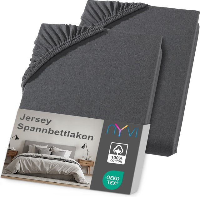 NYVI DreamScience Jersey Spannbettlaken 2er Pack, Anthrazit, Bügelfrei, für Matratzen bis 22 cm Höhe - Bild 1