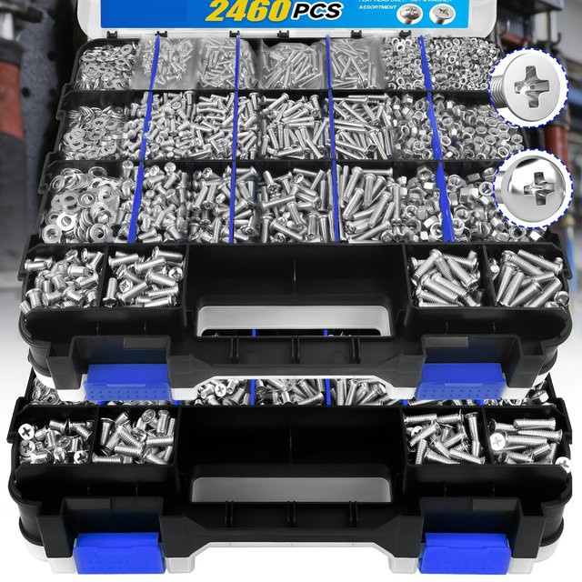 2460-teiliges Edelstahl-Set in Silber mit Kreuzschlitzschrauben, Muttern und Unterlegscheiben M3 M4 M5 M6 inklusive doppelschichtiger Aufbewahrungsbox - Bild 1