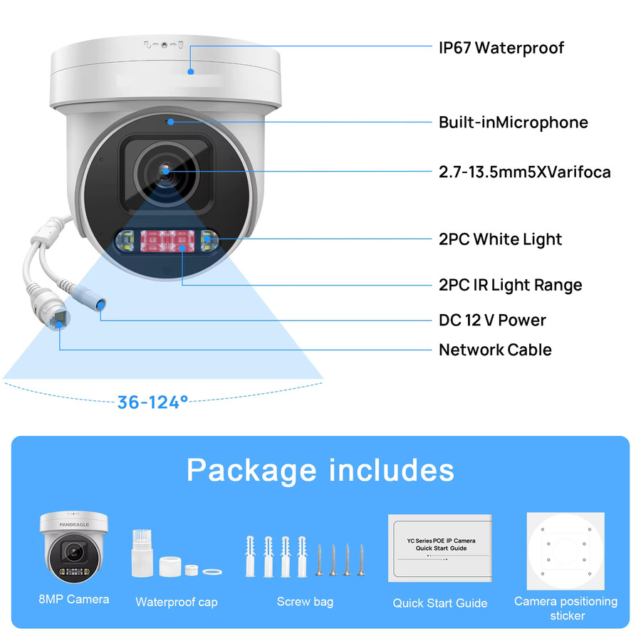 Vikylin PTZ IP-Sicherheitskamera mit 8MP Auflösung, 5X optischem Zoom, Zwei-Wege-Audio und Dual-Licht, IP67 Outdoor CCTV Videoüberwachung, Farbe: Weiß - Bild 5