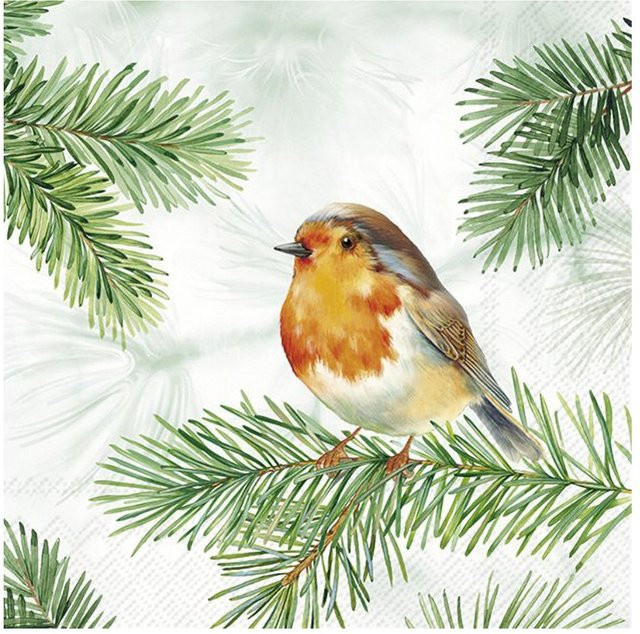 Winterliche Papier-Serviette Charming Robin in Grün - Bild 1