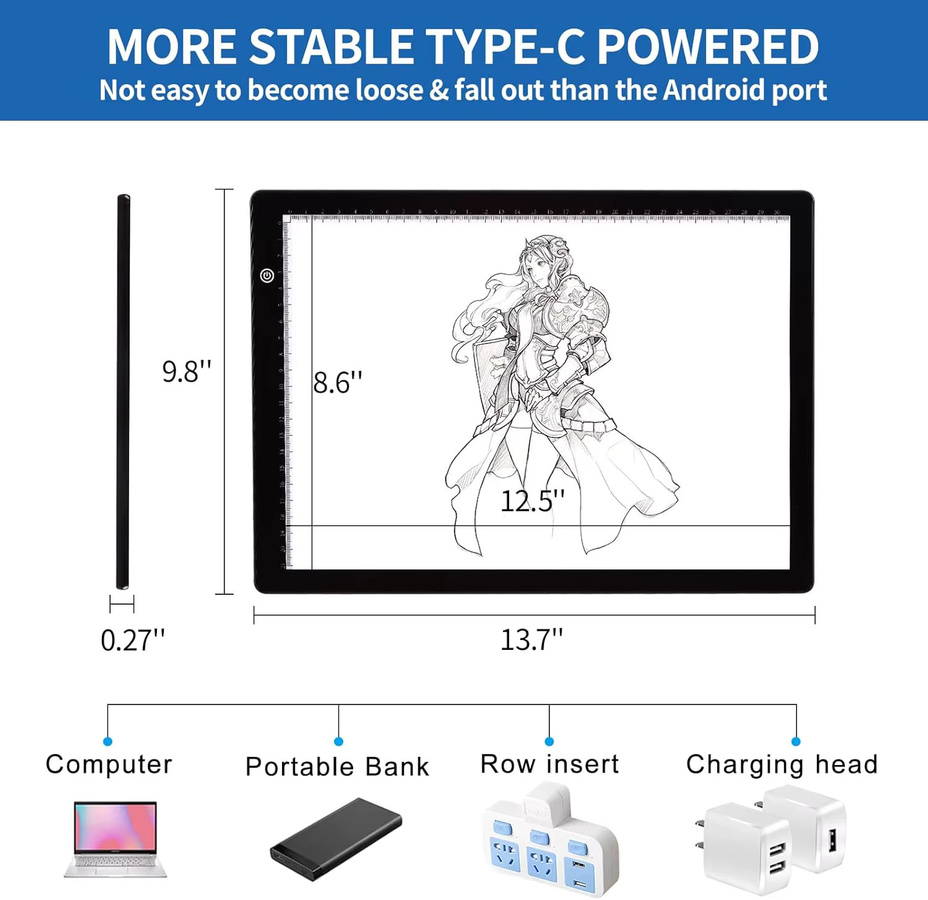 Kobaiban A4 Lichtbox Schwarz – Tragbares Dimmbares Lichtpad zum Zeichnen mit 4 Clips und USB-C Anschluss - Bild 4