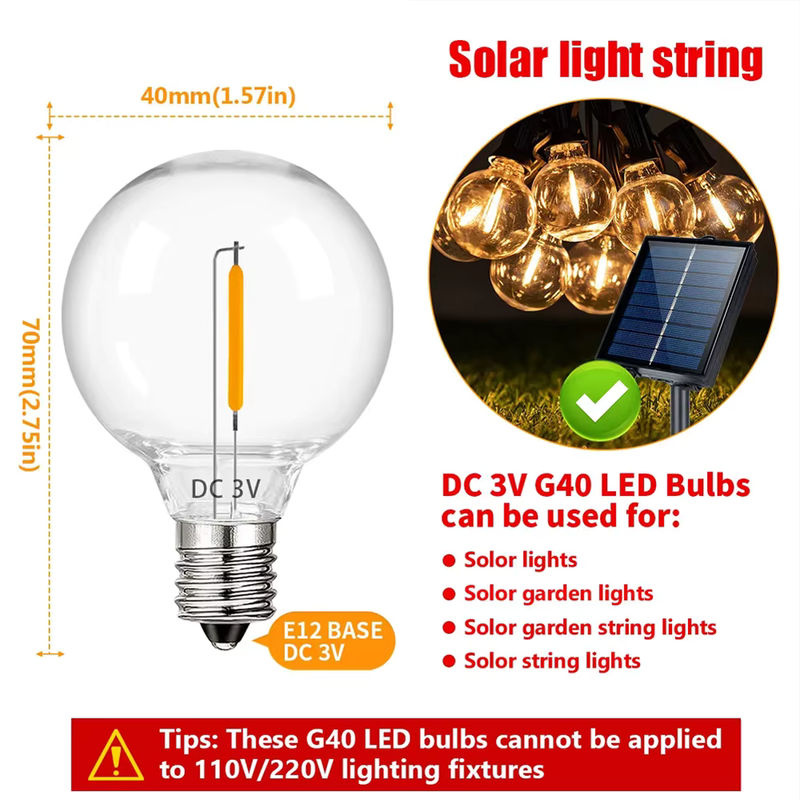 Genixgreen G40 LED-Kugelbirne warmweiß 2700K mit E12-Sockel, bruchsichere Kunststoff-Glühbirne für Solar-Lichterketten, transparent - Bild 2