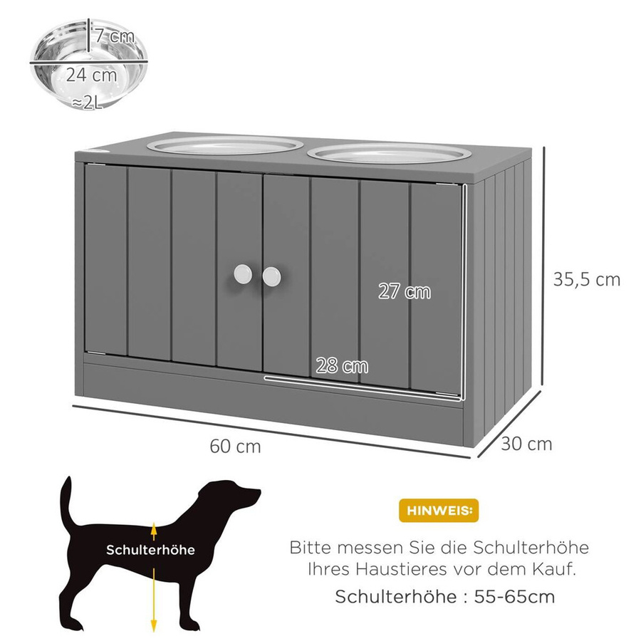 PawHut Futterstation mit Stauraum und 2 Edelstahlnäpfen für Hunde und Katzen, Grau, B/H/L: 60 x 30 x 35,5 cm - Bild 3