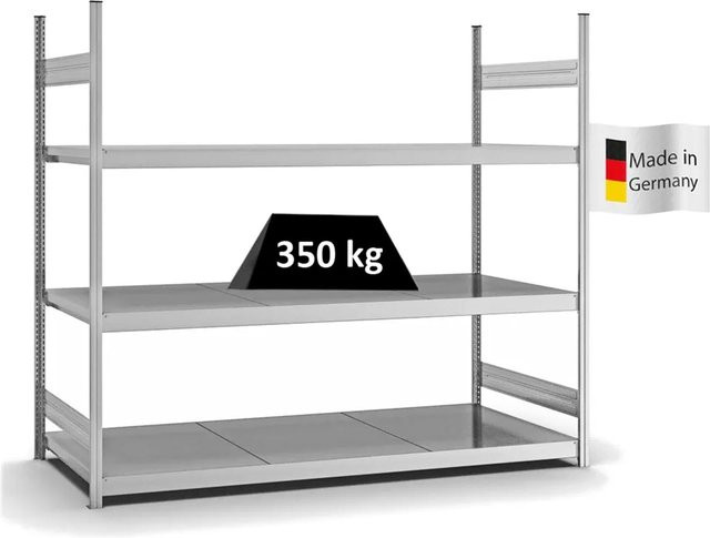 PROREGAL Weitspannregal Stecksystem T-Profil mit 3 Ebenen Stahlplatten, verzinkt, Farbe: Silber, H x B x T: 200 x 225 x 80 cm - Bild 1
