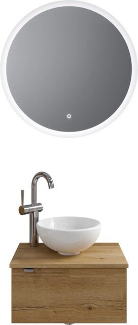 Pelipal Badmöbel-Set Halifax Serie 6915 Eiche, bestehend aus Waschtischunterschrank, Waschtischplatte, Keramik Aufsatzbecken und Funktionsspiegel mit LED-Beleuchtung und Sensor-Schalter, Breite: 70 cm - Bild 1