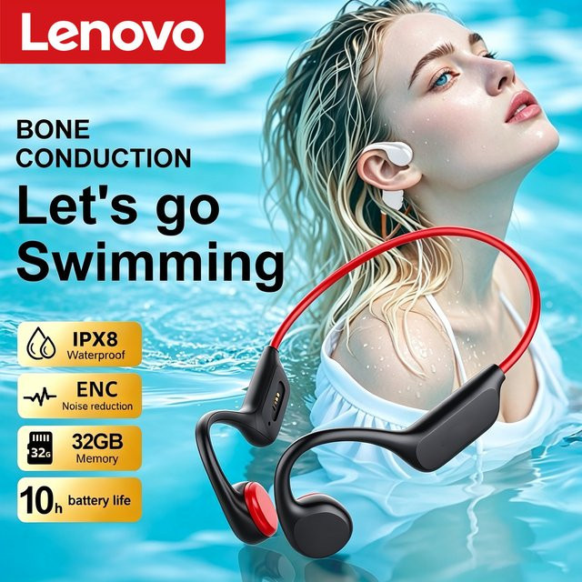 Lenovo Knochenleitungs-Kopfhörer mit Bluetooth 5.4 und Mikrofon, wasserdichte drahtlose Sportkopfhörer für Fitness und Schwimmen - Bild 1