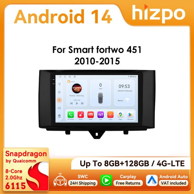 Hizpo 9-Zoll Android Autoradio für Mercedes Benz Smart Fortwo 451 (2010 - 2015) mit CarPlay, GPS, Bluetooth, WiFi und 360 Grad Kamera in Schwarz - Bild 1