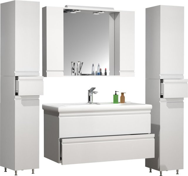 VCM Badmöbel Set Silora XL in Weiß Hochglanz, 5-tlg. Waschplatz mit Keramik-Waschbecken, Unterschrank Breite: 100 cm, Spiegelschrank und Hochschrank mit grifflosen Schubladen - Bild 1