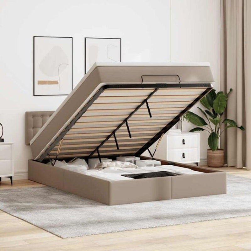 vidaxl Ottoman Polsterbett mit Matratze und LED-Beleuchtung aus Kunstleder und Metall, Braun, B: 140 cm, T: 190 cm - Bild 1