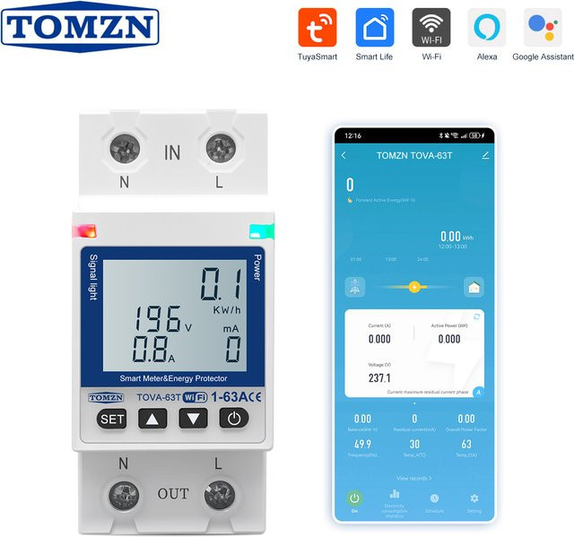 TOMZN Smartlife TUYA WLAN Leistungsschalter mit Energiezähler, Spannungs-, Strom- und Leckageschutz, 63A, Weiß - Bild 1