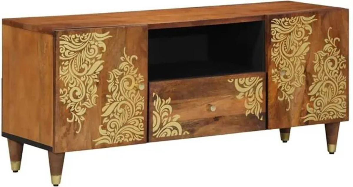 Vidaxl TV-Schrank aus Massivholz Mango in Braun mit Regal, Modernes Design, B/T/H: 105 x 33,5 x 46 cm - Bild 1