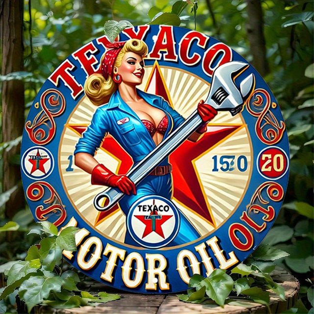Rundes Texaco Motoröl Aluminiumschild im Vintage-Stil als Metallwandkunst mit Mechaniker-Thema - Bild 1