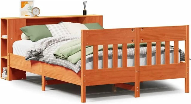 vidaXL Massivholzbett aus Kiefer mit Regal in Braun, B/T/H: 150 x 200 cm - Bild 1