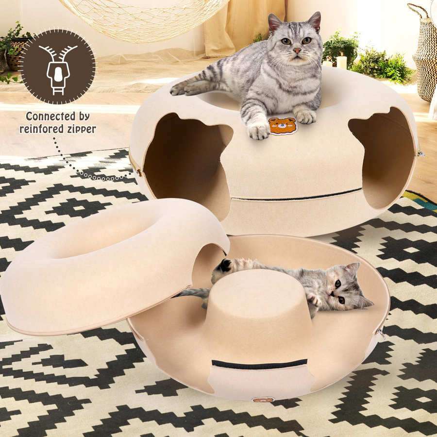 Katzentunnelbett Peekaboo Katzenhöhle aus Wollfilz mit zwei Öffnungen und kratzbarer Donut-Funktion für mittelgroße und große Katzen, Farben: Beige und Grau, Durchmesser: 50 cm - Bild 1
