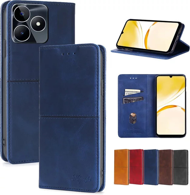 Magnetische Leder Flip Case mit Retro Logo und Kartenfächer für Realme Note 50 Narzo 60X N55 N53 50A 50i Prime 50 30 30A 20A Pro in Schwarz und Blau - Bild 1