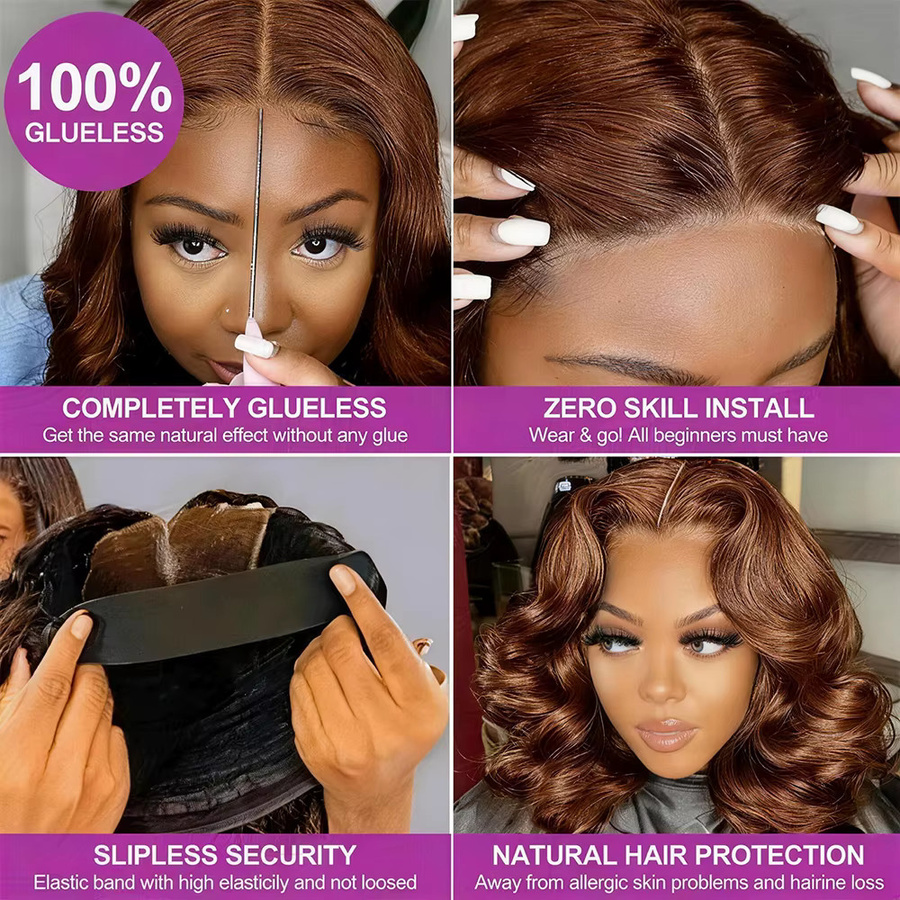 HJ WEAVE BEAUTY Bob-Perücke, 100 % Echthaar, schokoladenbraun, gewellt, Damen - Bild 4