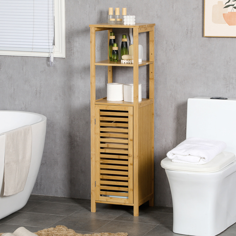 Aosom Badezimmerschrank aus Bambus mit zwei offenen Ablagen und Schrank, Naturholz, B/T/H: 33 x 30 x 120 cm - Bild 2