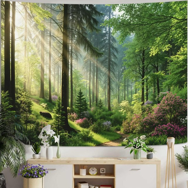 JMG Household Supplies Wandteppich mit Waldweg-Motiv in Grün, Natur Wandbehang mit Bäumen und Blumen, B x H: 70 x 100 cm - Bild 1
