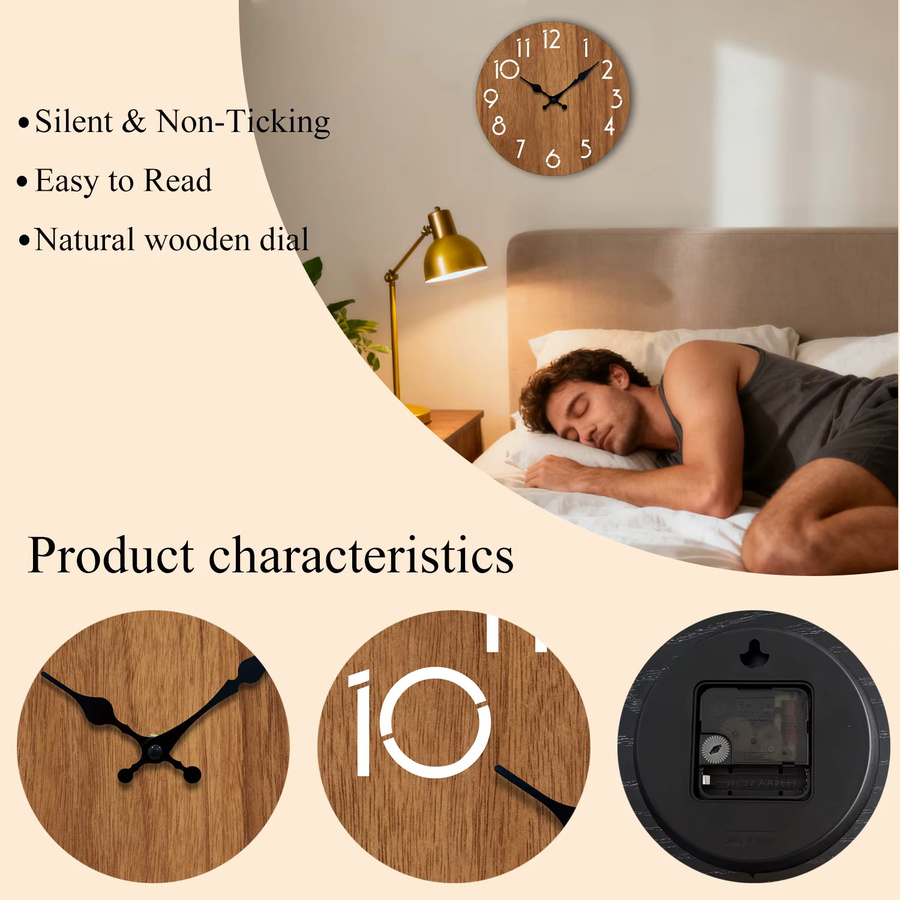 P.chuang Wanduhr aus Holz in Grün und Braun, minimalistisches Design, analog und lautlos, Durchmesser: 25,4 cm - Bild 2
