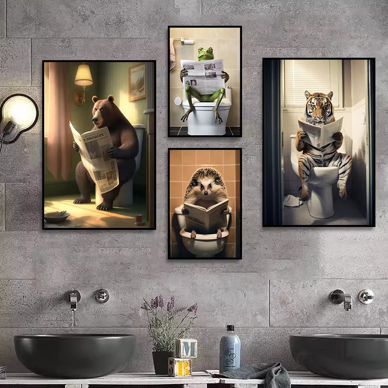 Vintage-Poster von Potdemiel mit lustigen Tieren auf der Toilette als HD-Leinwanddruck für deine Badezimmer-Dekoration in Mehrfarbig - Bild 3