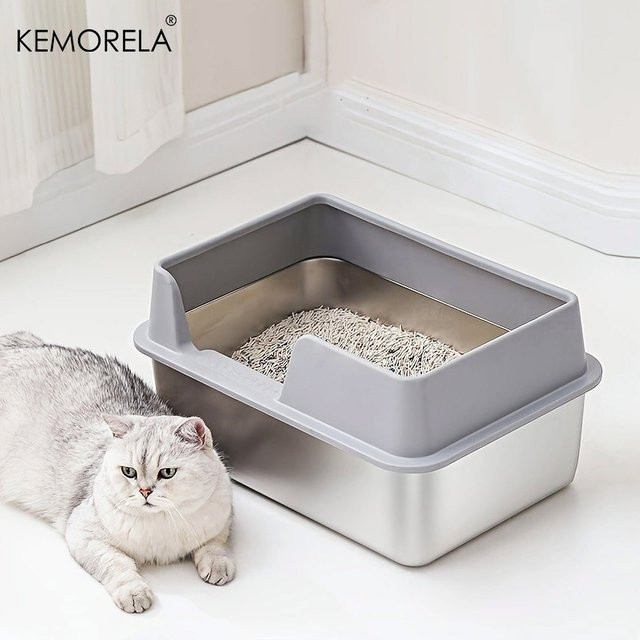 KEMORELA Extra große Katzentoilette aus Edelstahl mit hohem Wandgehäuse und Deckel, antihaftbeschichtet, Farbe: Schwarz/Silber - Bild 1