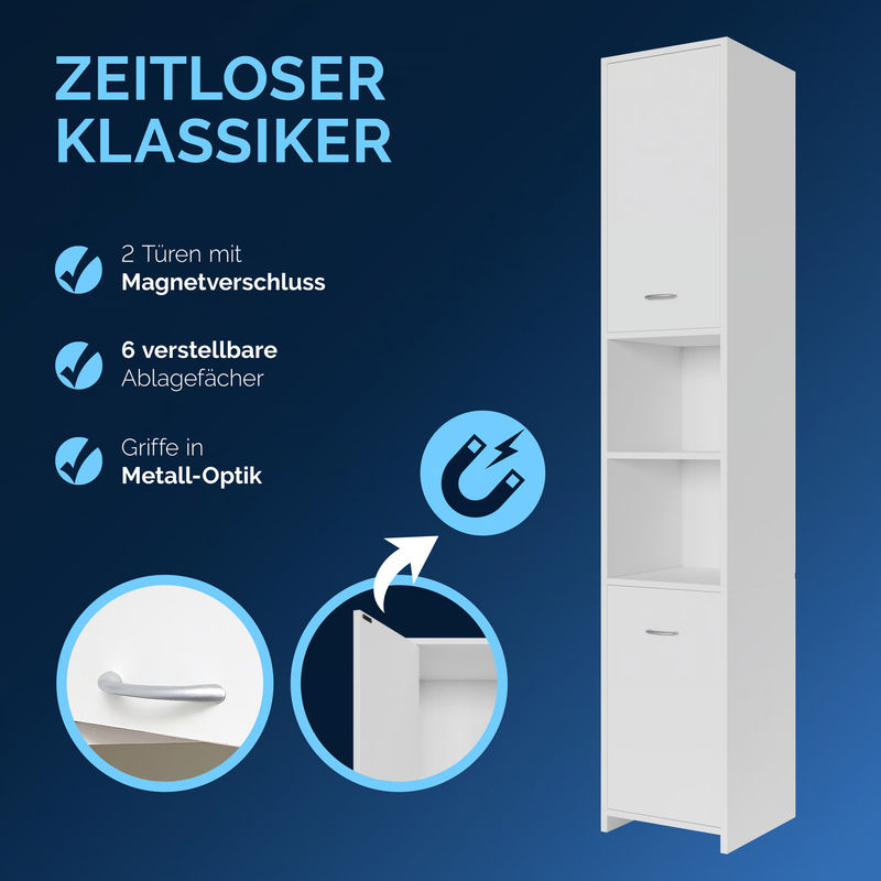 CASARIA Badezimmerhochschrank Neapel in Weiß mit Schranktüren und Regalfächern, H x B x T: 180 x 30 x 30 cm - Bild 4