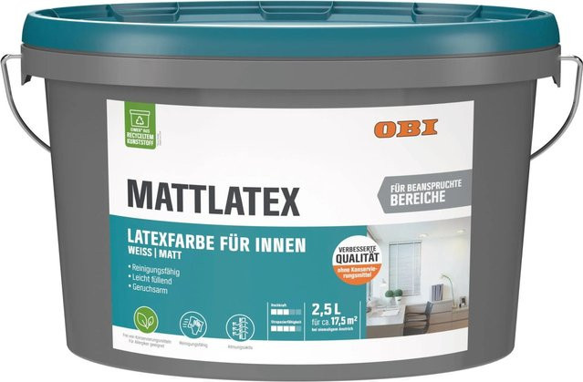 OBI Mattlatex Wandfarbe Weiß-Matt, konservierungsmittelfrei, 2,5 l - Bild 1