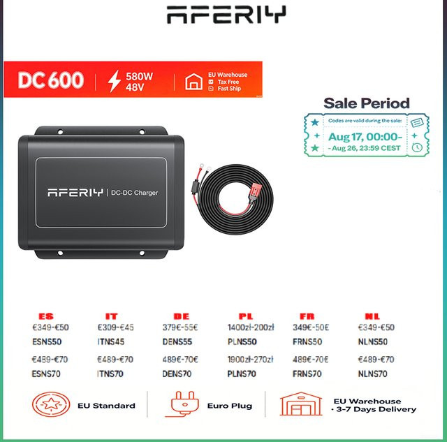 AFERIY DC600 DC-DC-Ladegerät 580W 48V Onboard-Generator-Ladegerät für Camping, Wohnmobil und tragbare Powerstation in Schwarz und Silber - Bild 1