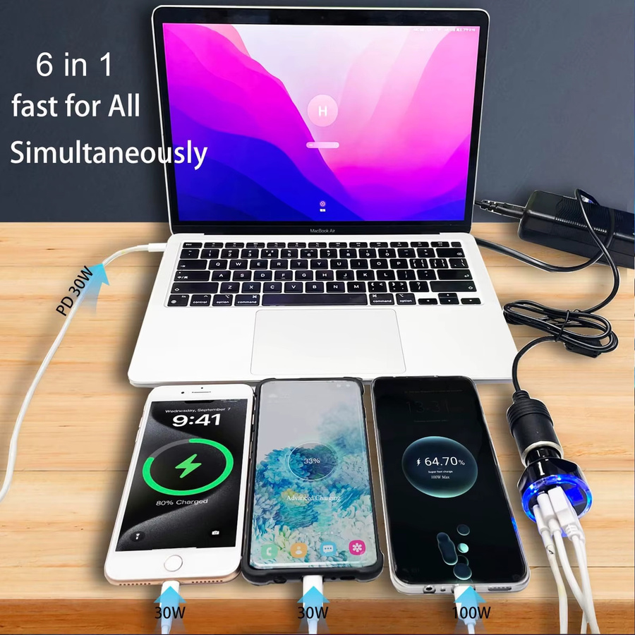 UYUXIO USB-C Ladegerät mit 6 Anschlüssen und LED-Digitalanzeige, 30W PD Schnellladegerät für iPhone, Farbe: Schwarz - Bild 5