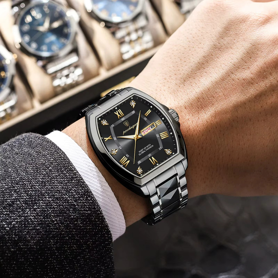POEDAGAR Armbanduhr Tonneau, Quarz, Edelstahl, Schwarz, Silber, Herren - Bild 6