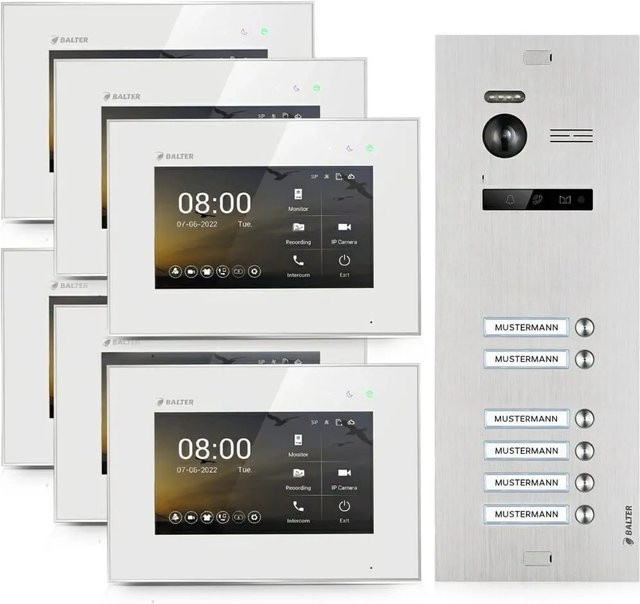Balter EVO-HD Video-Türsprechanlage für 6 Familienhäuser mit 6x 7 Zoll Monitoren in Silber-Weiß - Bild 1