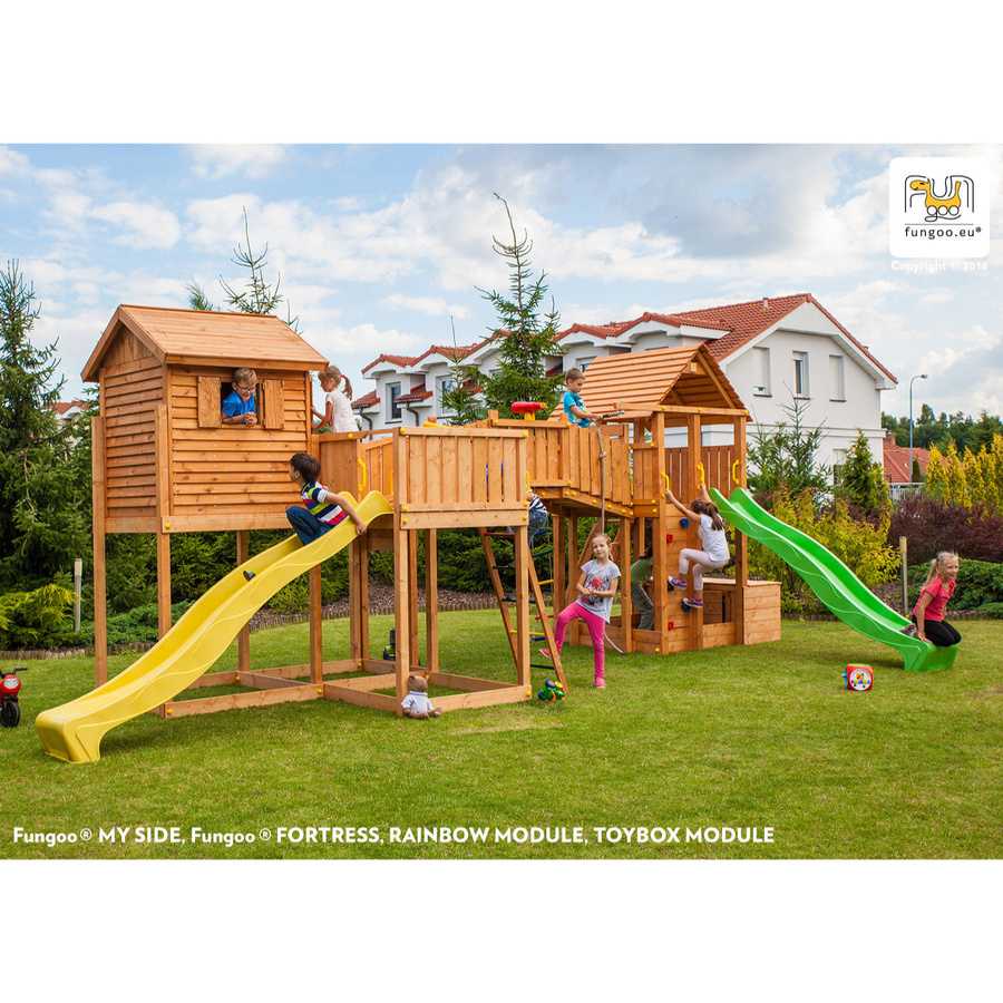 Fungoo Spielturm Maxi Set Sized Plaza My Side Fortress Toybox in Teak mit 2x Rutschen, 2x Spieltürmen, Verbindungsbrücke, Leiter, Kletterseil und Kletterwand - Bild 2