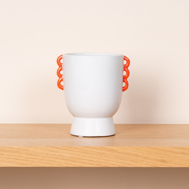 Keramik Übertopf Henkel von BLUME2000 in Orange und Weiß, bauchig, Tischdeko, Höhe: 12,2 cm, Breite: 16,0 cm, Tiefe: 12,2 cm - Bild 1