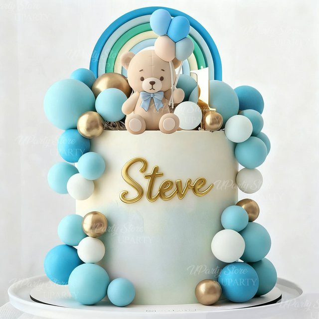Set aus blauen Luftballon-Bär-Kuchenaufsätzen mit Regenbogen-Schaumstoffbällen für Geburtstag und Babyparty - Bild 1