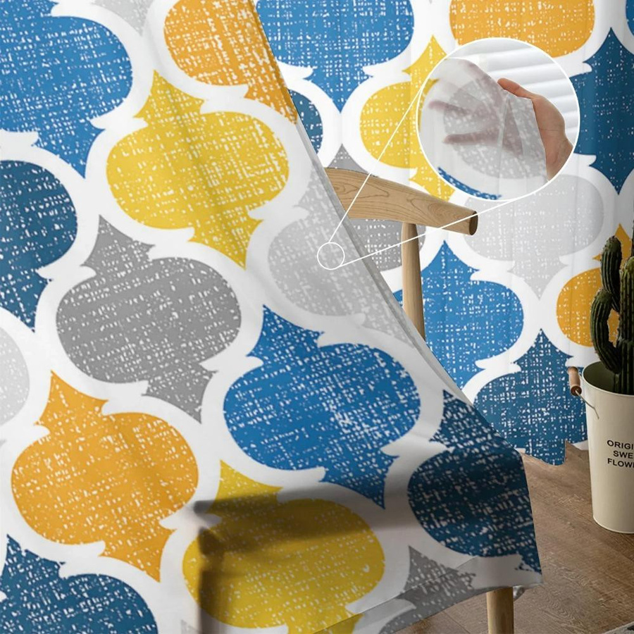 Yiran Furniture Transparente Vorhänge Marokkanisch Retro Geometrisch in Gelb und Blau, Voile Organza mit Ösen, Breite: 135 cm, Höhe: 115 cm - Bild 2