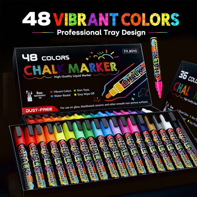 48 Farben Flüssigkreidemarker-Set mit 6mm Wendespitze, wasserbasierte abwischbare Stifte in Multicolour für Tafel, Glas, Keramik und Fenster zur DIY Dekoration - Bild 1