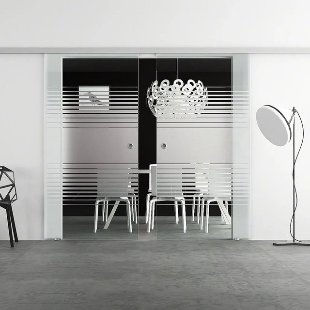 Levidor Doppelglasschiebetür Komplettset Lübeck aus Aluminium in Silber mit SoftClose und Griffmuscheln, B/H: 102,5 x 217,5 cm - Bild 1