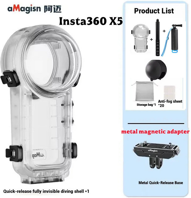 AMagisn Unsichtbares Tauchgehäuse mit Schnellverschluss für Insta360 X5 und X4, 60m Wasserdicht, Transparent - Bild 1