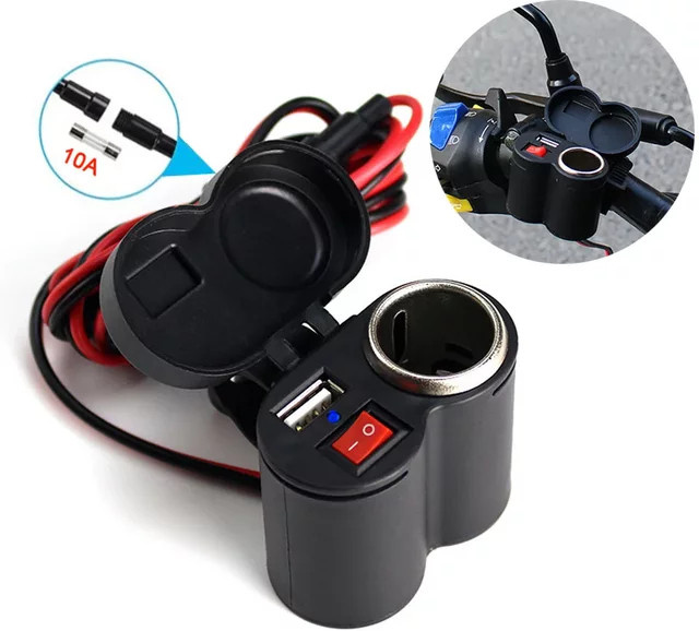 Wasserdichter USB Power Adapter für Motorrad Lenker mit Schalter und Zigarettenanzünder, 12V 2,0 A, Schwarz, USB-C und USB-A Anschlüsse für GPS Navigation und DVR - Bild 1