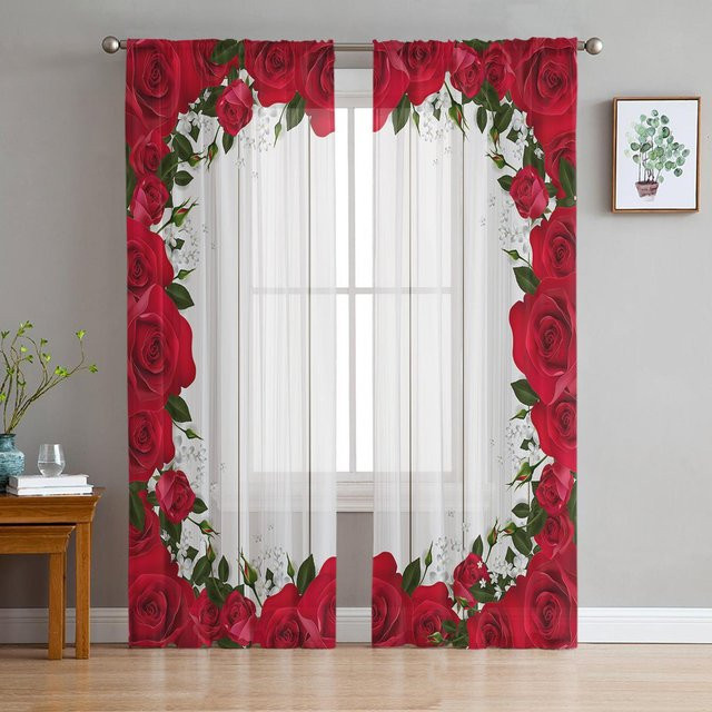 Transparente Tüll-Vorhänge mit roter Rose und Holzmaserung in Braun, Breite: 135 cm, Höhe: 115 cm - Bild 1