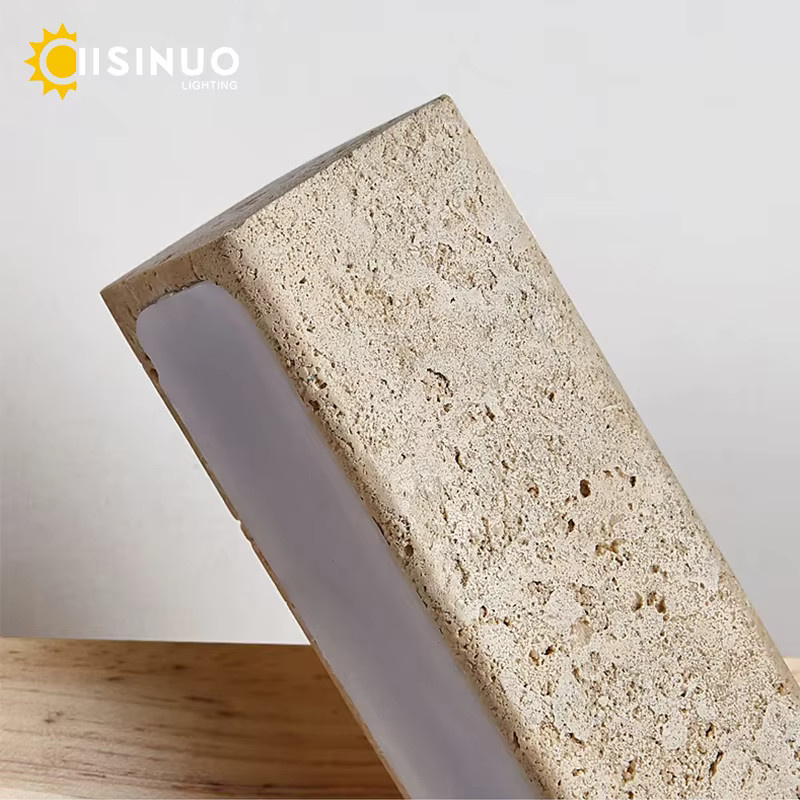 IISINUO Wabi-Sabi Wandleuchte aus gelbem Travertinstein mit LED und Zugkettenschalter, verstellbare Steinlampe in Beige und Gelb für Schlafzimmer und Flur - Bild 2
