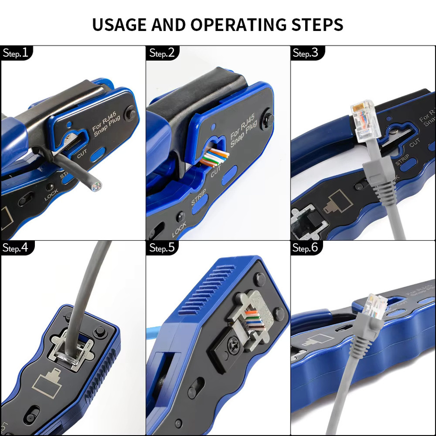 RJ45-Durchgangs-Crimpzange für Cat6 und Cat5e Ethernet-Netzwerkstecker mit Abisolierzange, 6 Stück 8P8C modulare LAN-Stecker in Blau - Bild 4