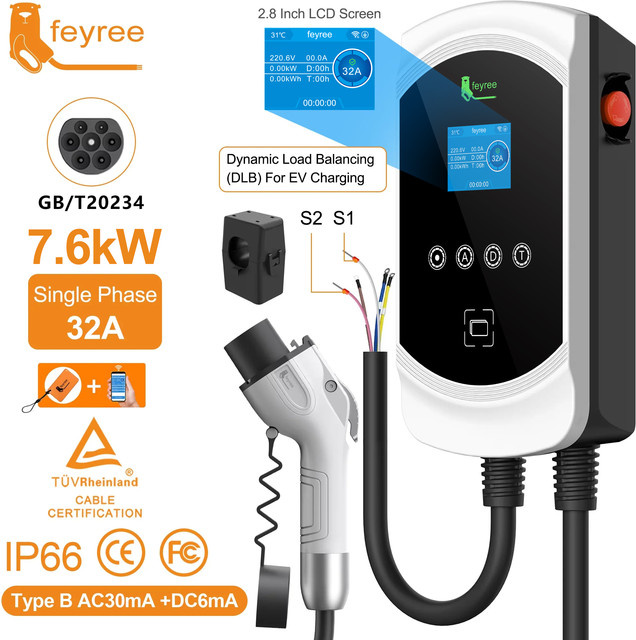 Feyree EV-Ladegerät mit GB/T-Anschluss, Dynamische Lastausgleich-Ladestation mit APP-Steuerung, EVSE Wallbox, Weiß - Bild 1