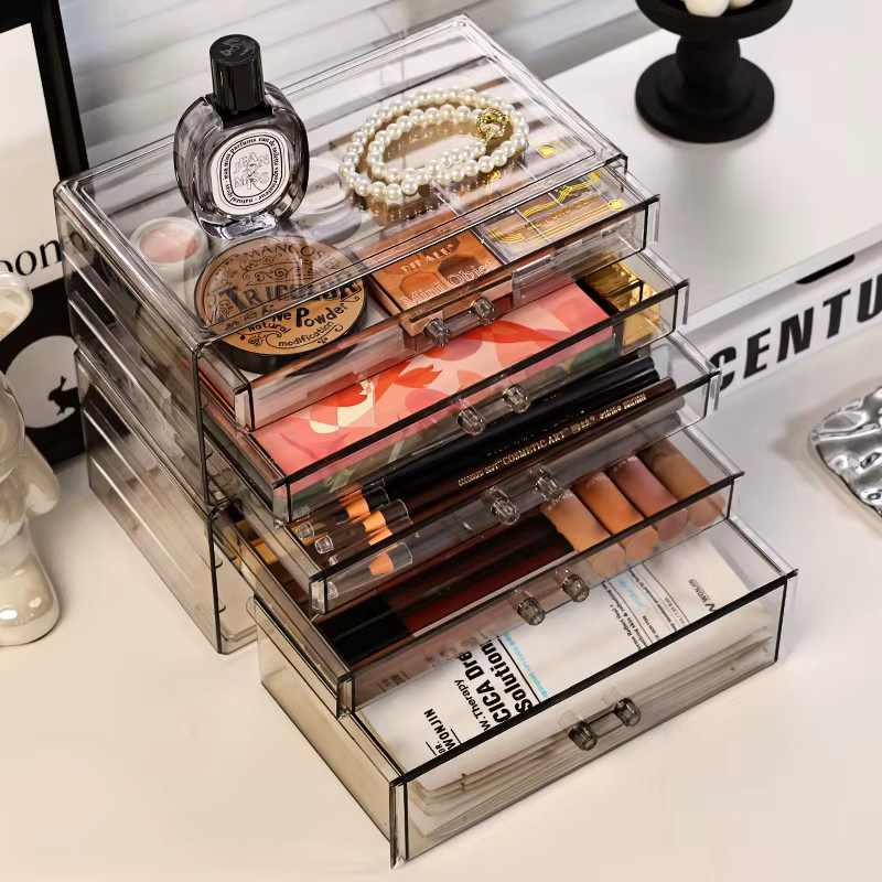 Schreibtisch-Schublade aus Acryl in Transparent und Schwarz, stapelbare Kosmetik-Aufbewahrungsbox und Organizer für Bürobedarf und Hautpflege - Bild 5